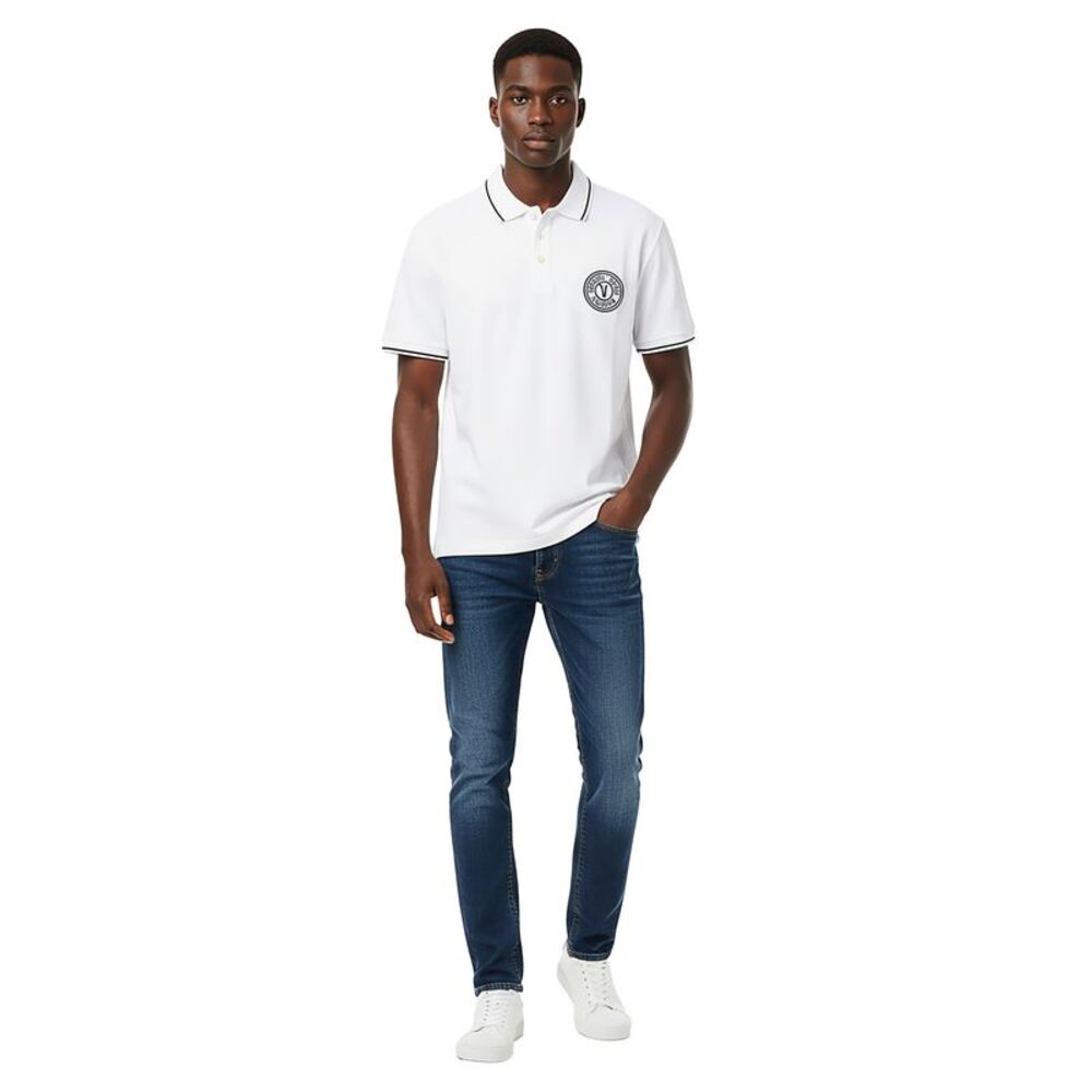 Versace Jeans Couture White Mens Polo Shirt with Black Logo Embroidery